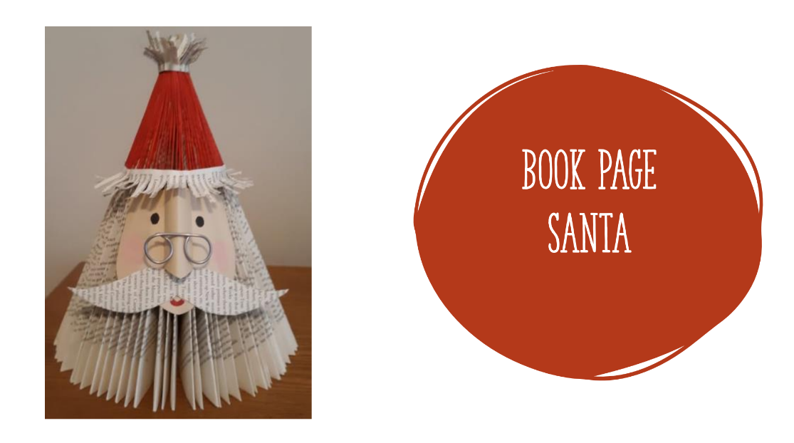 Image of Santa head, created using upcycled book pages, paint, and other embellishments.